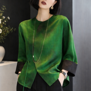 Green Silk-Blend Blouse | Handmade Modern Oriental Top