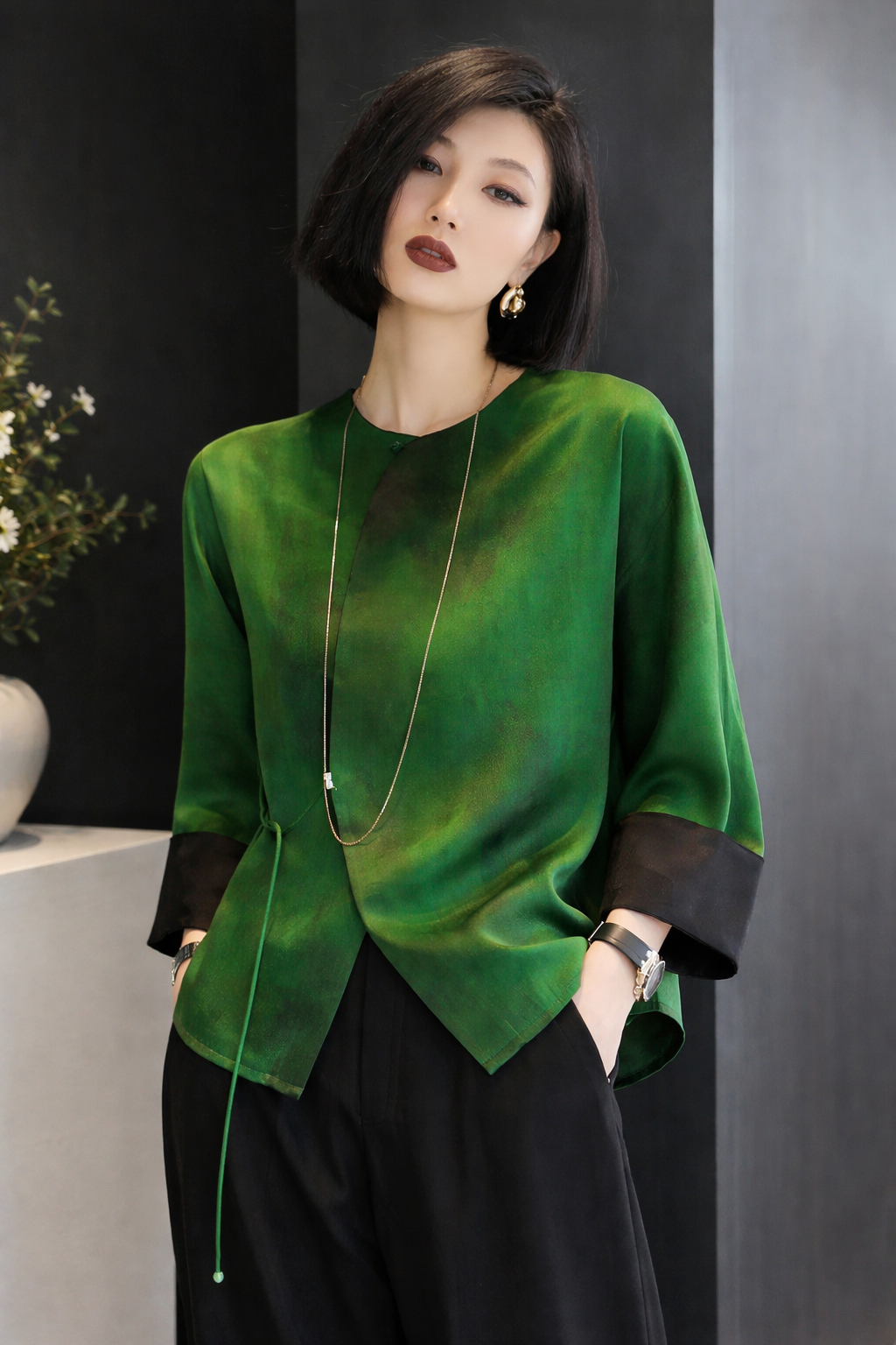 Green Silk-Blend Blouse | Handmade Modern Oriental Top