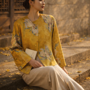 Golden Floral Jacquard Jacket – Elegant Chinese-Inspired Short Coat | Handmade Look, Vintage Chic