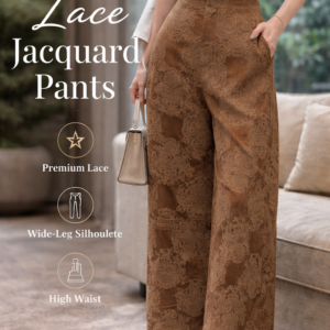 Mocha Lace Jacquard Wide-Leg Pants – High Waist Elegant Trousers