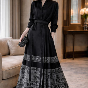 Black Maxi Gown - Chinese Couture, Silver Landscape Jacquard