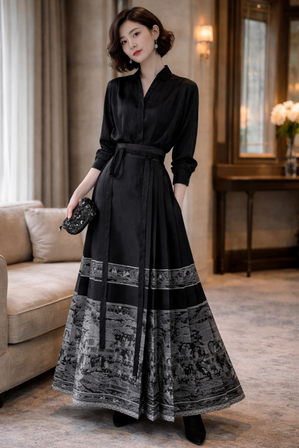 Black Maxi Gown - Chinese Couture, Silver Landscape Jacquard