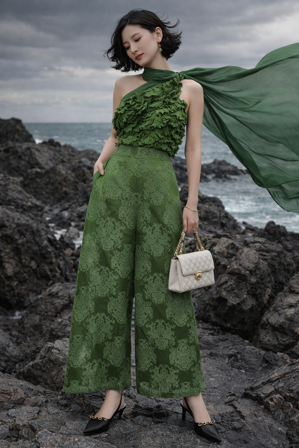 Emerald Jacquard Wide-Leg Pants – High Waist Statement Trousers | Modern Chinese Chic | Luxury Resort Edition - Image 3