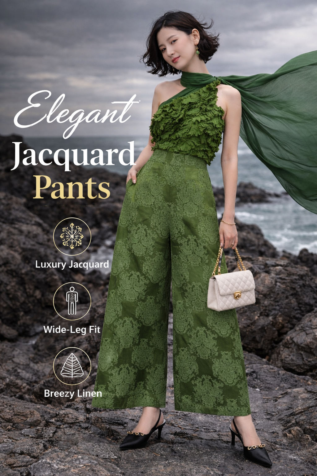 Emerald Jacquard Wide-Leg Pants – High Waist Statement Trousers | Modern Chinese Chic | Luxury Resort Edition
