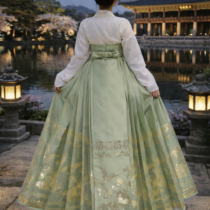 Celadon Moonlight Hanbok-Inspired Gown – Mint Green Jacquard Maxi Dress | Gold Embroidered Heritage Edition