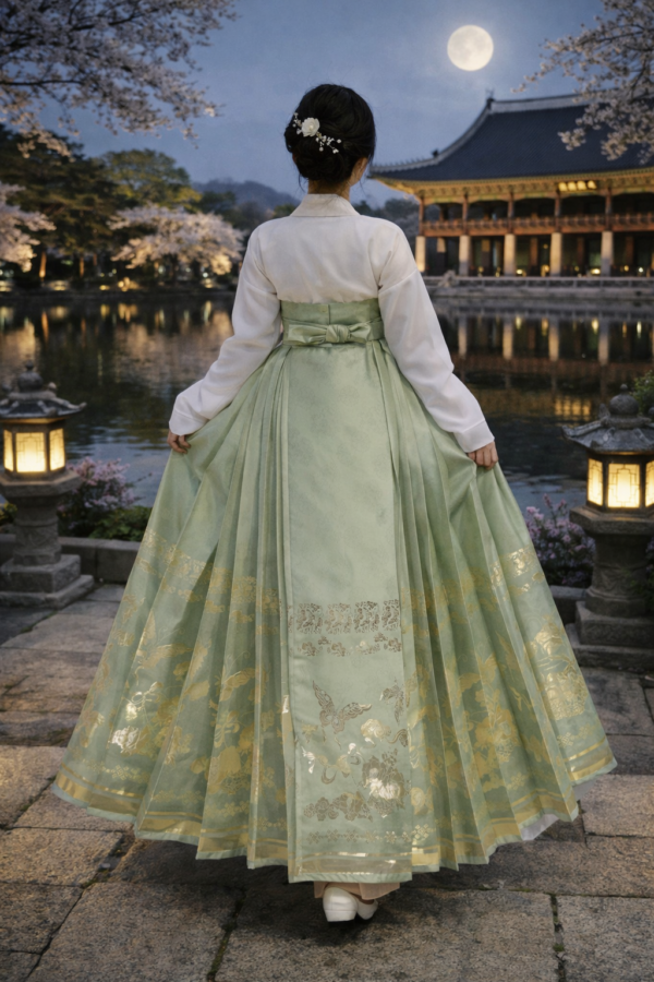 Celadon Moonlight Hanbok-Inspired Gown – Mint Green Jacquard Maxi Dress | Gold Embroidered Heritage Edition