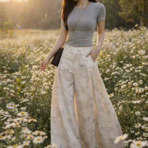 Ivory Butterfly Wide-Leg Pants – High-Waist Satin Palazzo Trousers | Soft Feminine Statement | Elegant Resort Wear
