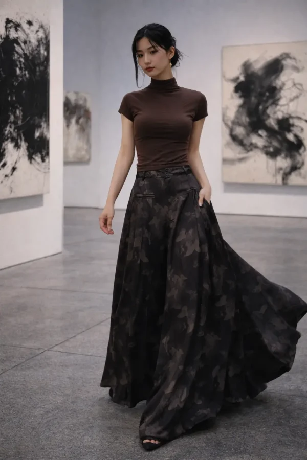 Black Satin Palazzo Pants – Butterfly Jacquard, High-Waisted Evening Trousers