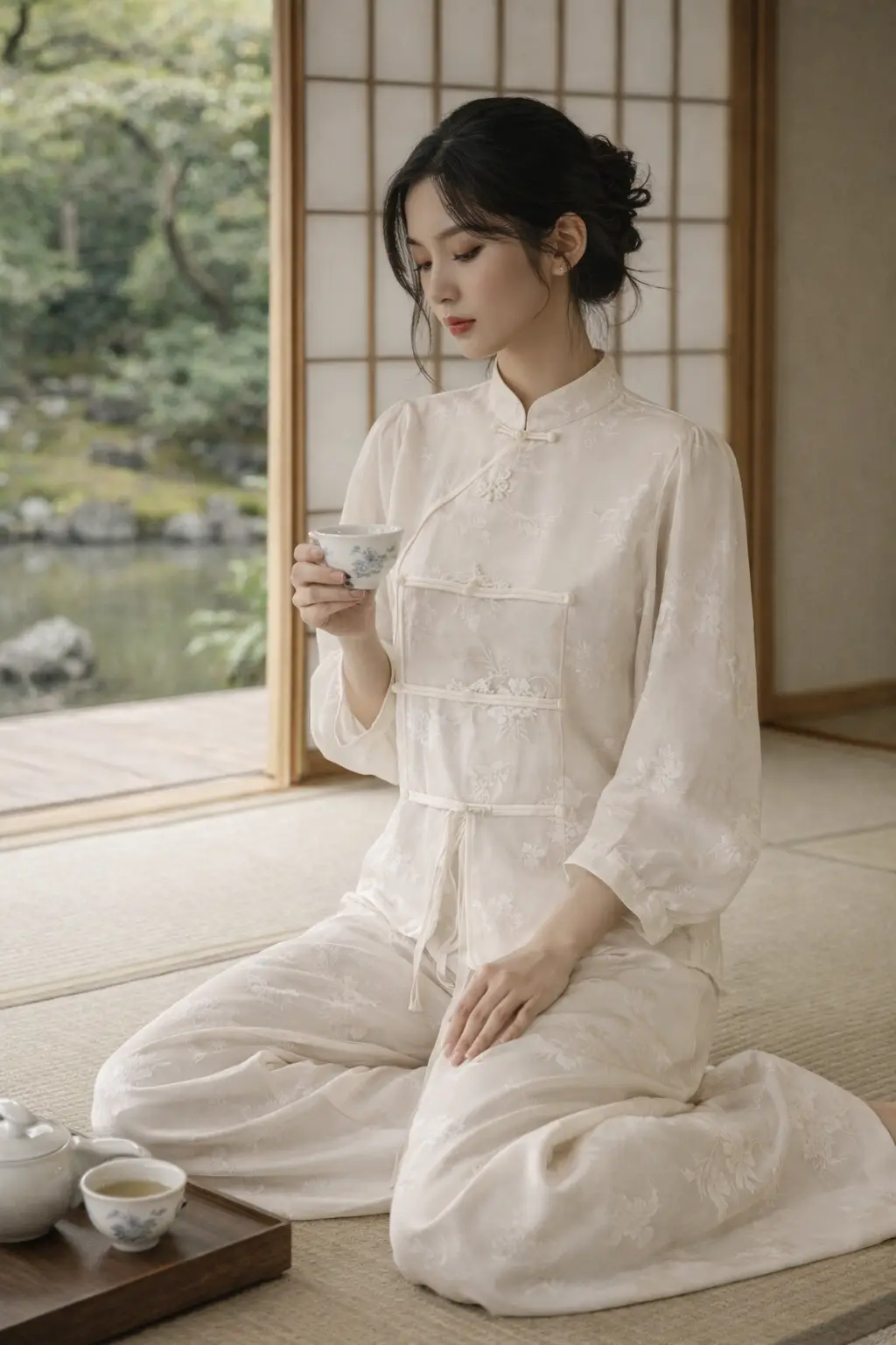 Spring Celeste Wide-Leg Pants – Ivory Floral Jacquard Palazzo | Chinese-Inspired Elegant Lounge Trousers - Image 3