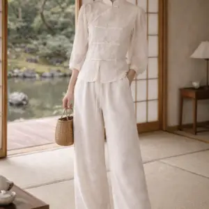 Spring Celeste Wide-Leg Pants – Ivory Floral Jacquard Palazzo | Chinese-Inspired Elegant Lounge Trousers