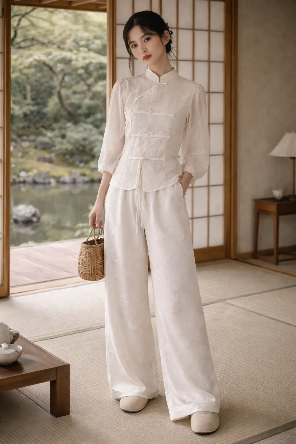 Spring Celeste Wide-Leg Pants – Ivory Floral Jacquard Palazzo | Chinese-Inspired Elegant Lounge Trousers