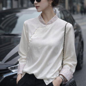 Ivory Silk Mandarin Collar Blouse with Brocade Cuffs – Modern Chinese Elegance Top