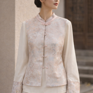 Blush Brocade Mandarin Vest Set – Modern Chinese Two-Piece Silk-blend Blouse Ensemble