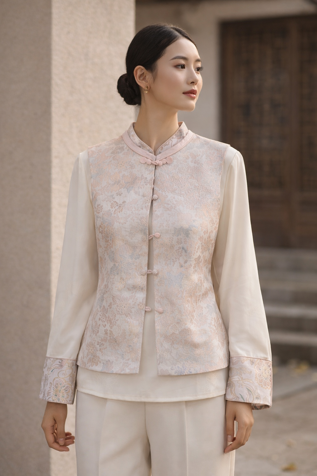 Blush Brocade Mandarin Vest Set – Modern Chinese Two-Piece Silk-blend Blouse Ensemble