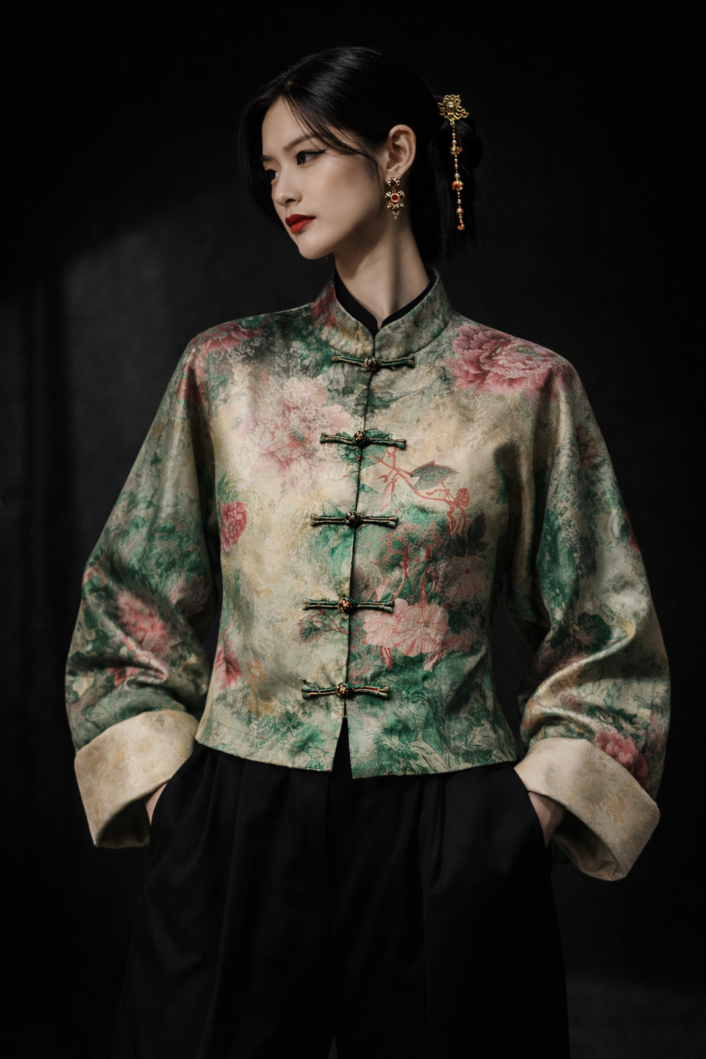 Emerald Floral Mandarin Jacket – Modern Oriental Blazer
