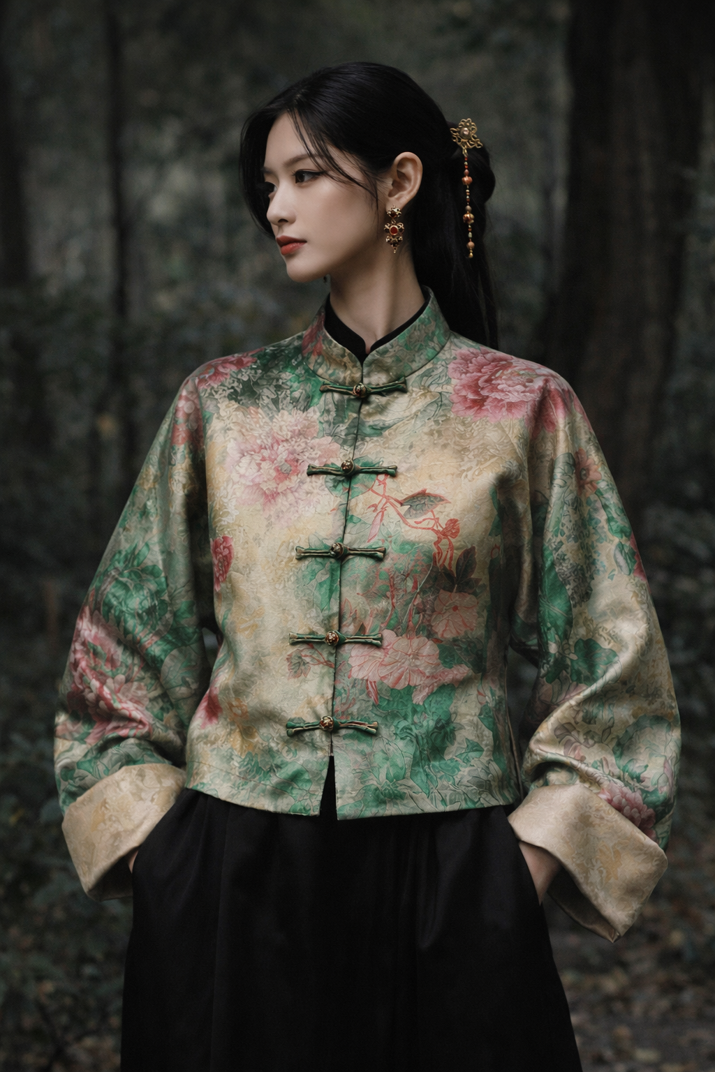 Emerald Floral Mandarin Jacket – Modern Oriental Blazer - Image 3