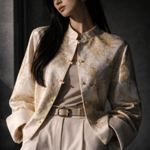 Champagne Gold Mandarin Jacket – Luxury Jacquard Coat