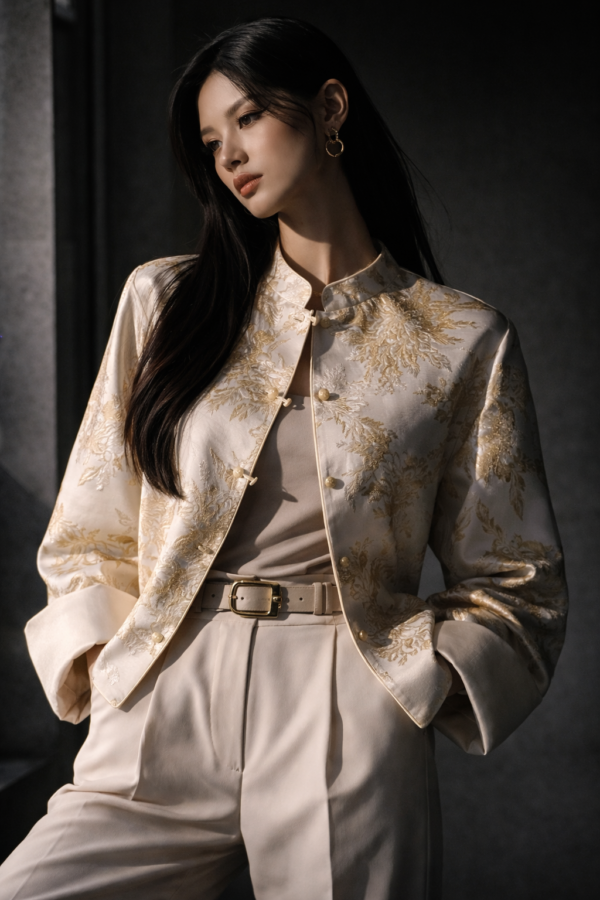 Champagne Gold Mandarin Jacket – Luxury Jacquard Coat