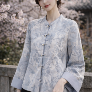 Mulberry Silk Mandarin Jacket – Powder Blue Floral Chinese Silk Blouse – Modern Oriental Luxury Outerwear