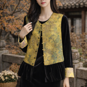 Brocade Cropped Jacket with Velvet Dress - Modern Chinese Outfit