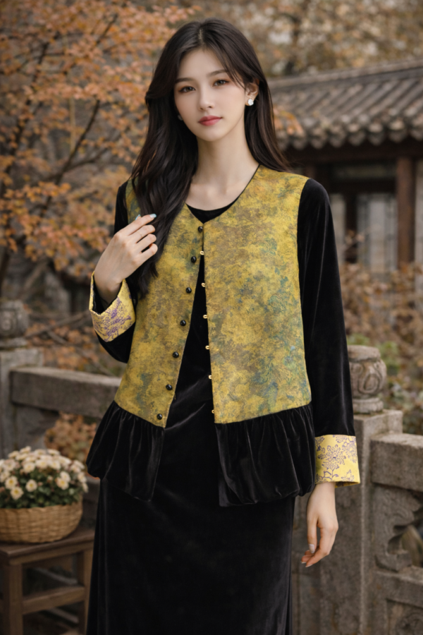 Brocade Cropped Jacket with Velvet Dress - Modern Chinese Outfit
