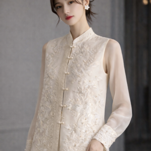 Embroidered Silk Blend Blouse – Modern Mandarin Collar Top, Sheer Sleeves