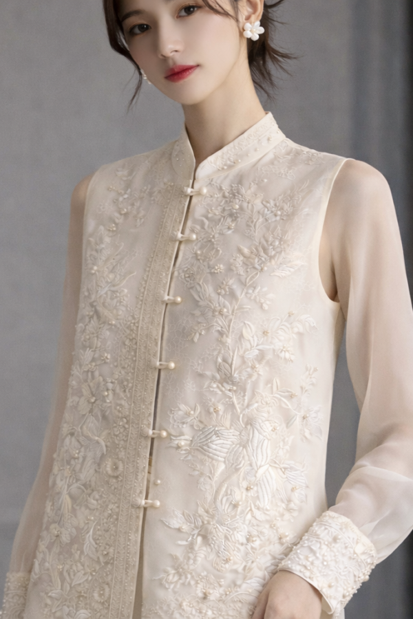 Embroidered Silk Blend Blouse – Modern Mandarin Collar Top, Sheer Sleeves