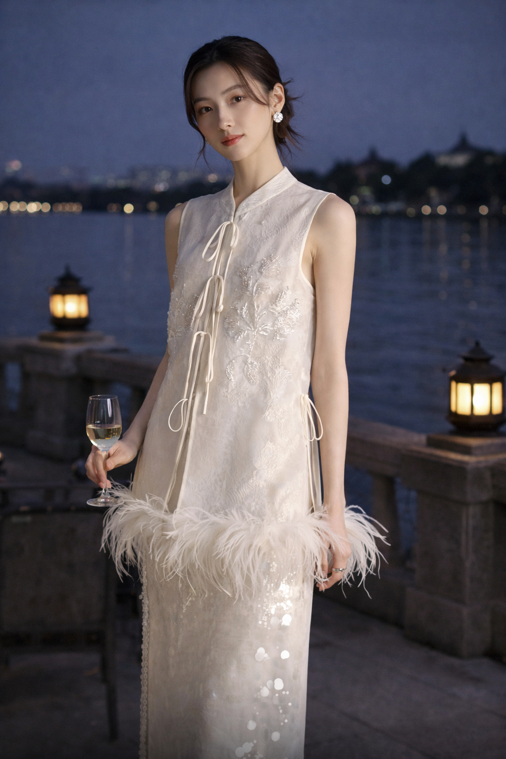 Ivory Feather Trim Mandarin Vest – Sleeveless Embroidered Cheongsam Style