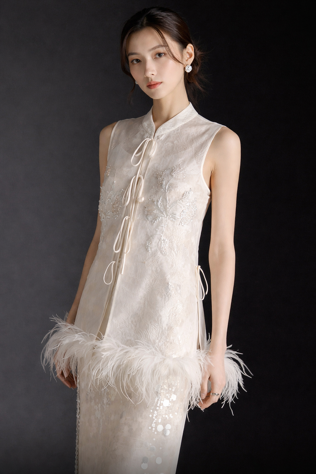 Ivory Feather Trim Mandarin Vest – Sleeveless Embroidered Cheongsam Style - Image 3
