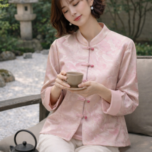 Soft Blush Jacquard Mandarin Jacket – Modern New Chinese Style Top