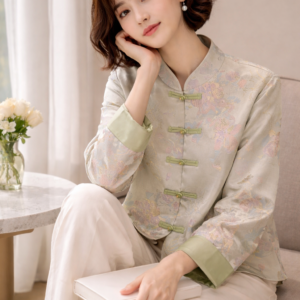 Silk Brocade Hanfu Jacket – Pastel Green Floral Embroidered Top