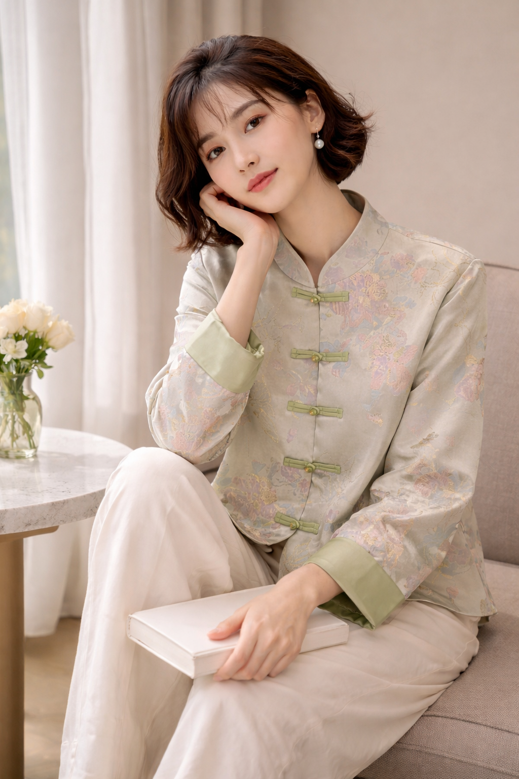 Silk Brocade Hanfu Jacket – Pastel Green Floral Embroidered Top
