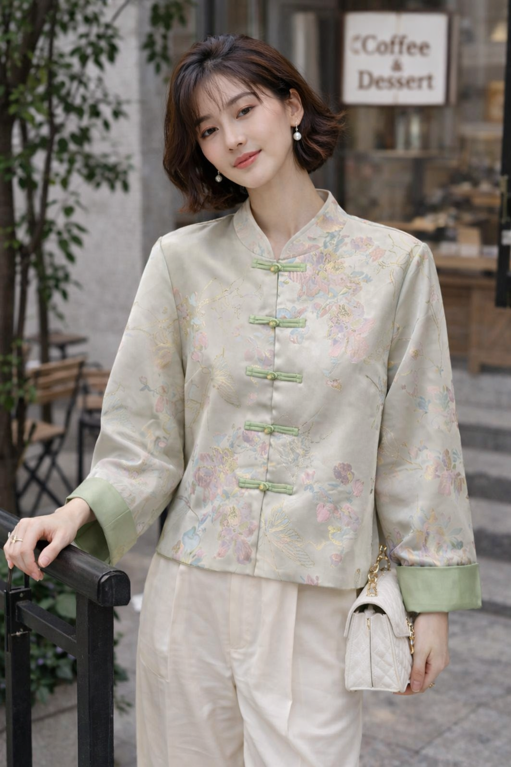 Silk Brocade Hanfu Jacket – Pastel Green Floral Embroidered Top - Image 2