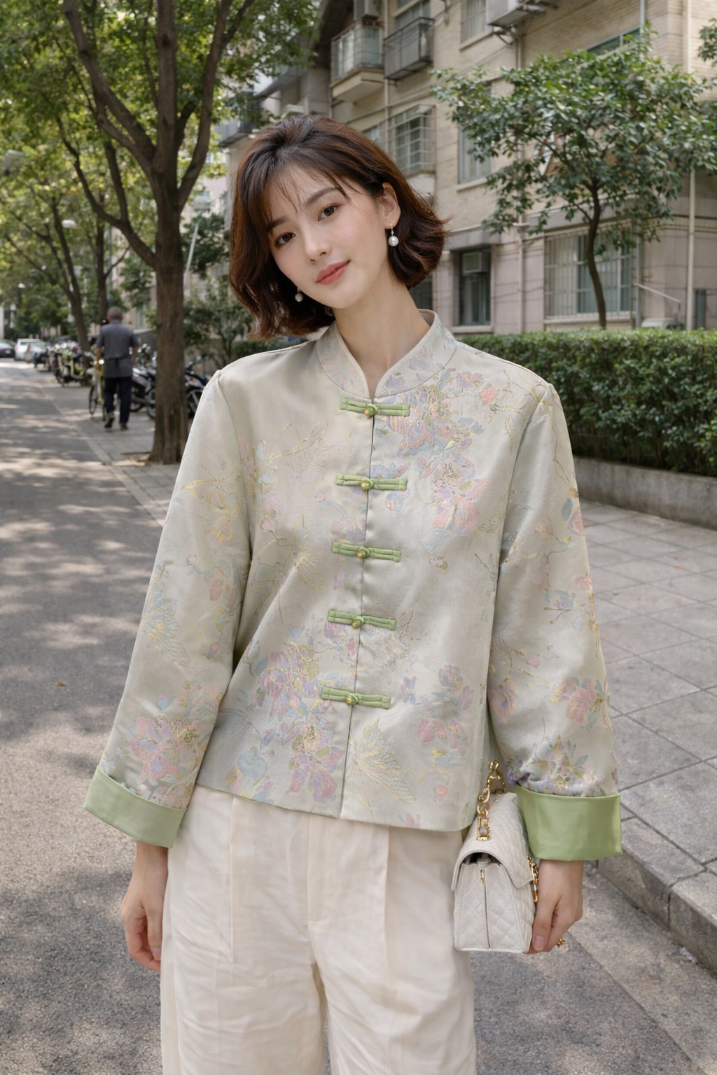 Silk Brocade Hanfu Jacket – Pastel Green Floral Embroidered Top - Image 3