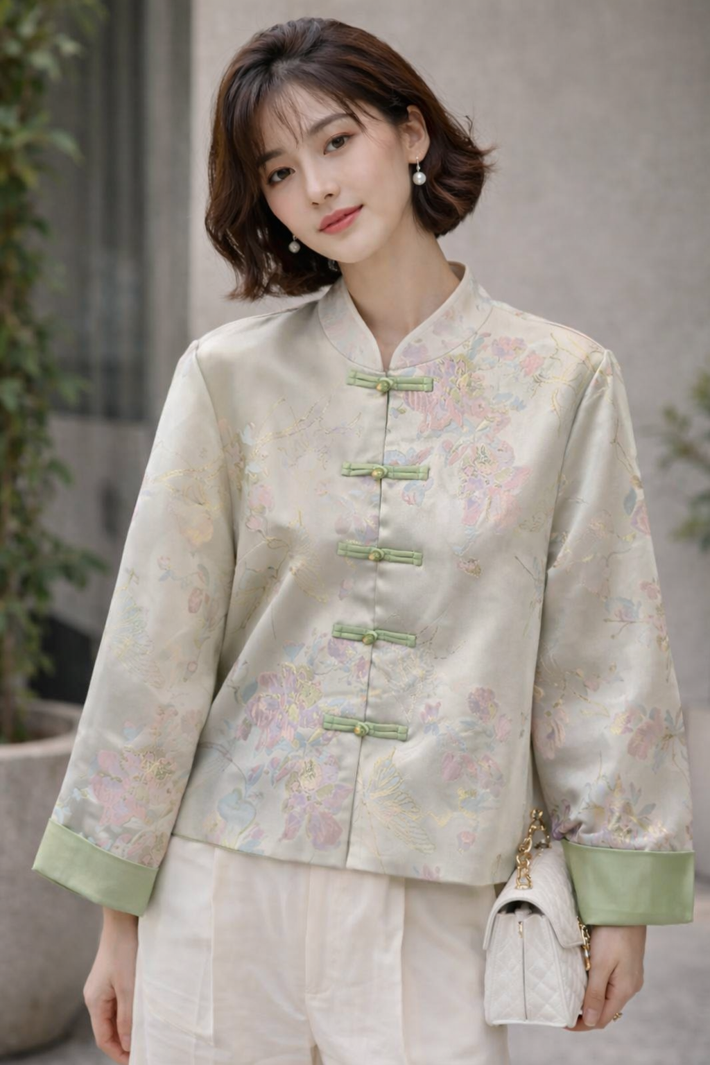 Silk Brocade Hanfu Jacket – Pastel Green Floral Embroidered Top - Image 4