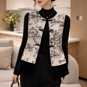 Ink Garden Quilted Vest – Chinese-Inspired Black & Ivory Layering Jacket | Modern Oriental Minimalism DeerHuiSecret