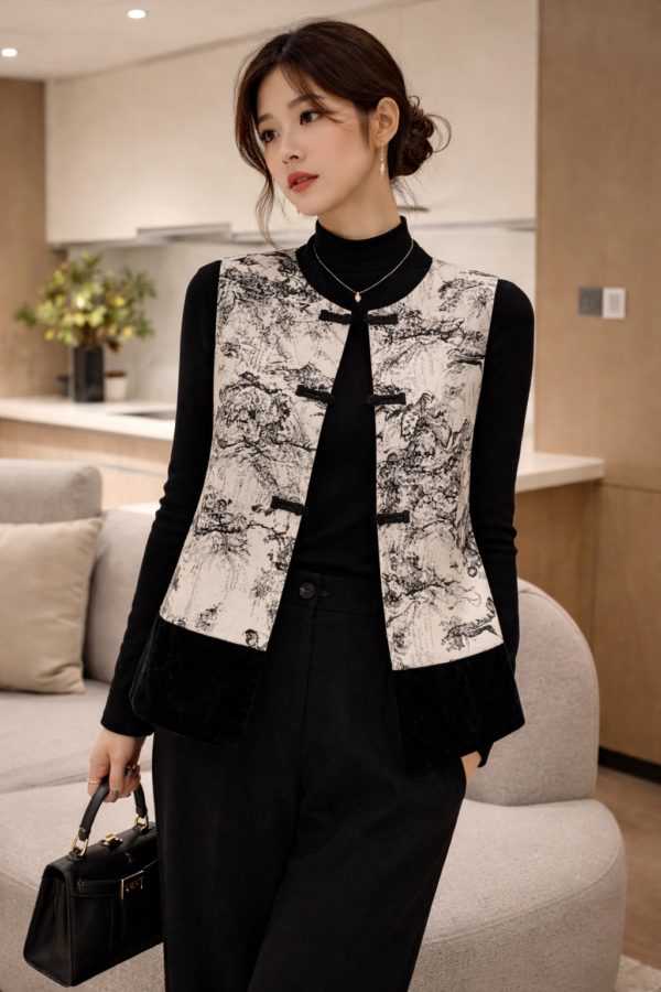 Ink Garden Quilted Vest – Chinese-Inspired Black & Ivory Layering Jacket | Modern Oriental Minimalism DeerHuiSecret