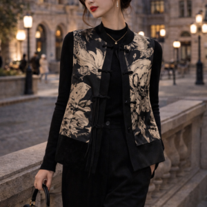 Midnight Ink Floral Vest – Black Jacquard Chinese-Inspired Layering Jacket | Modern Oriental Statement Piece