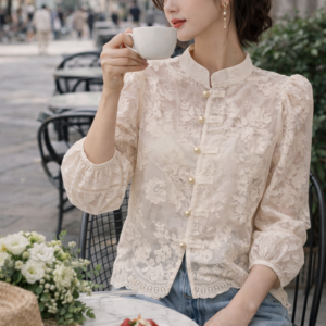 Ivory Lace Mandarin Collar Blouse – Chinese-Inspired Floral Embroidered Top | Romantic Spring Shirt