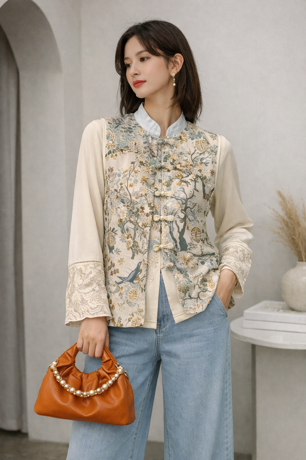 Spring Garden Mandarin Vest – Floral Chinese-Inspired Light Outerwear | Modern Oriental Chic - Image 5