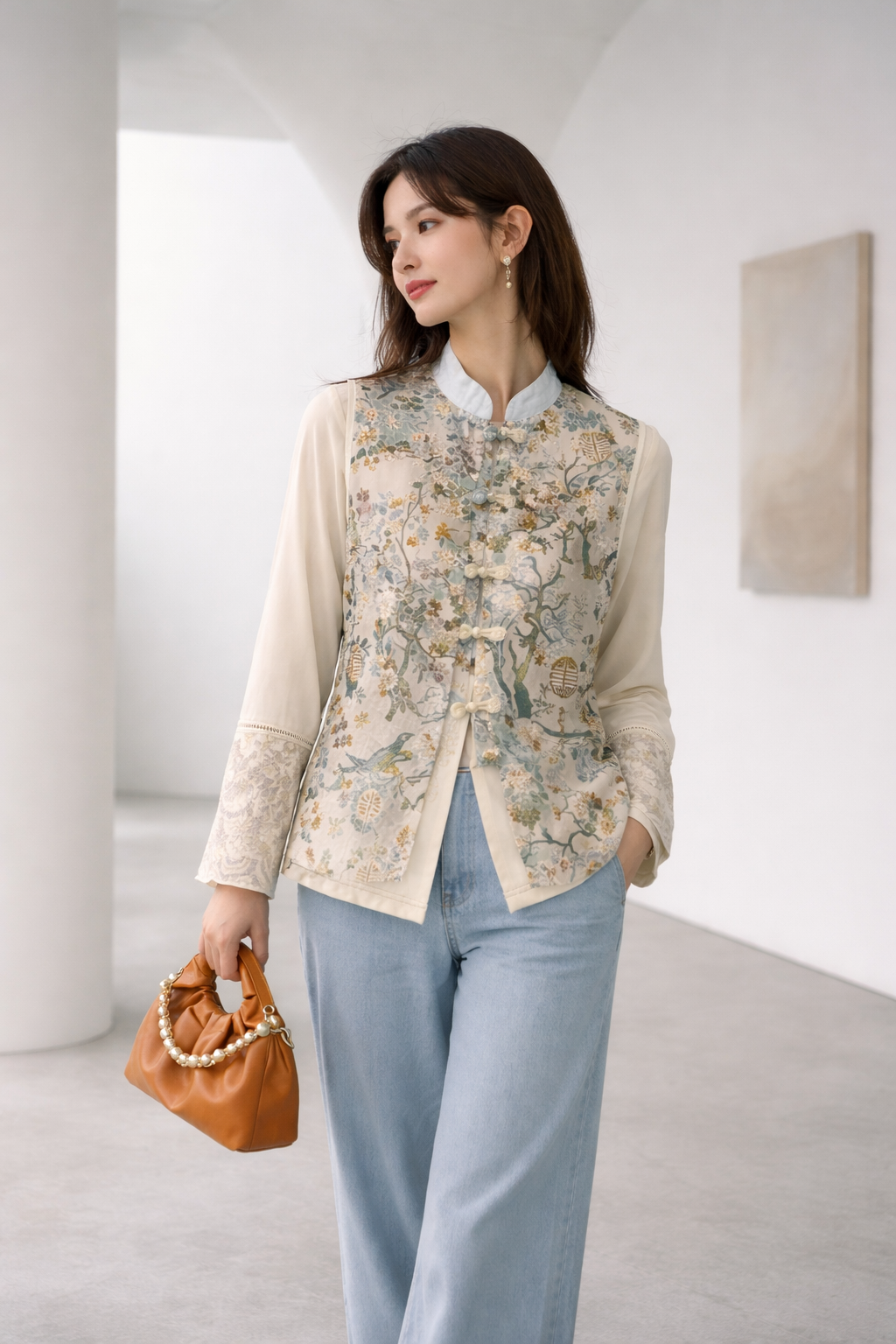 Spring Garden Mandarin Vest – Floral Chinese-Inspired Light Outerwear | Modern Oriental Chic