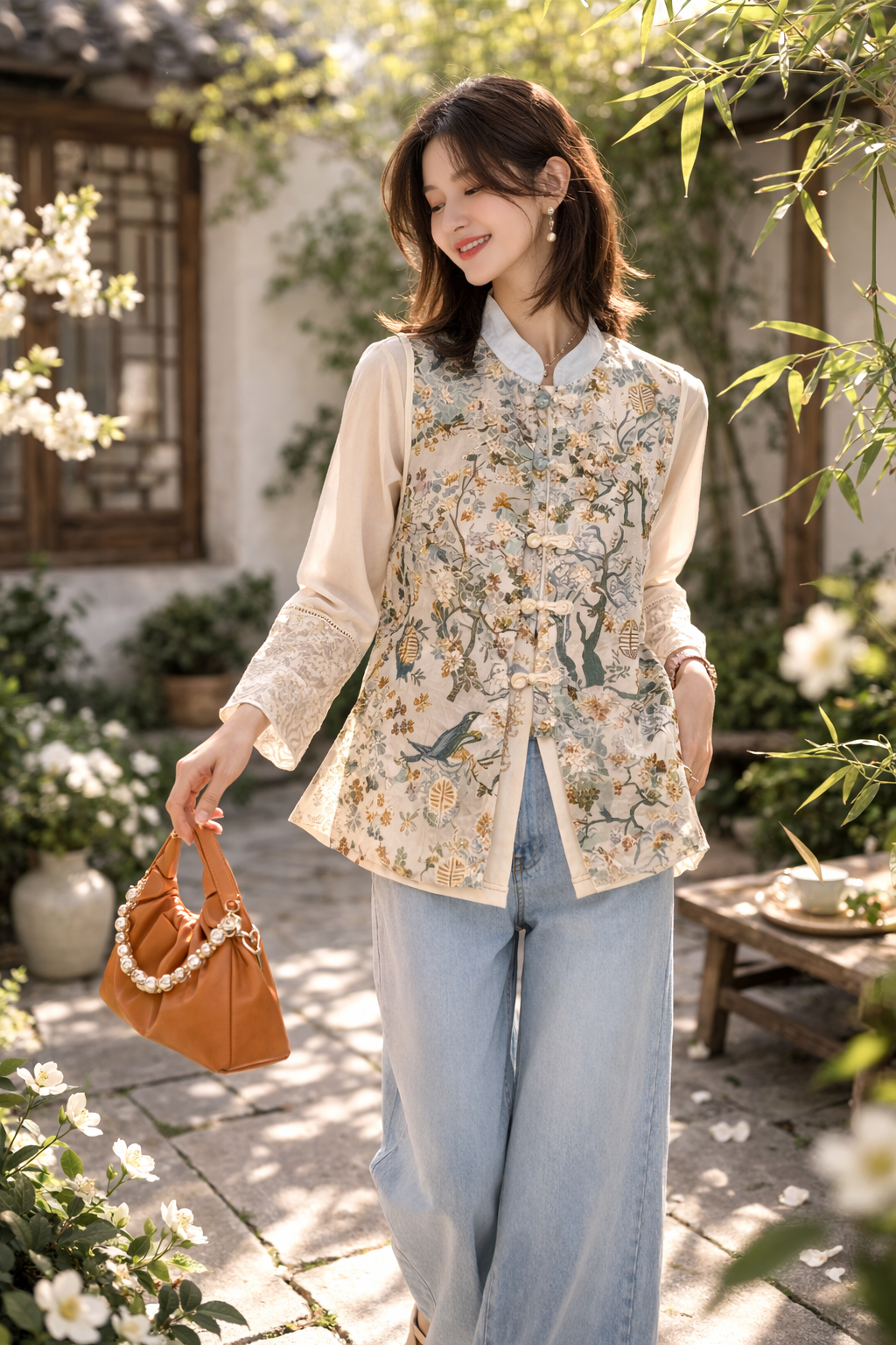 Spring Garden Mandarin Vest – Floral Chinese-Inspired Light Outerwear | Modern Oriental Chic - Image 3