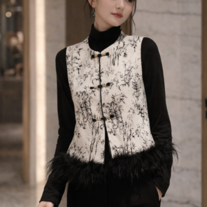 Ink Bamboo Feather Vest – Chinese-Inspired Jacquard Evening Jacket | Modern Oriental Couture Layering Piece