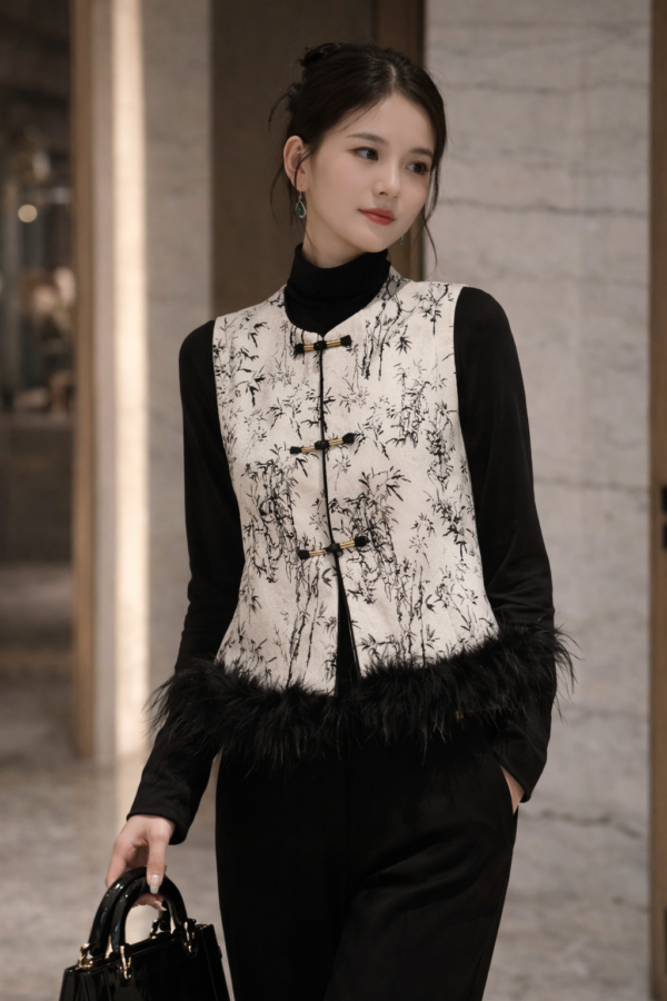 Ink Bamboo Feather Vest – Chinese-Inspired Jacquard Evening Jacket | Modern Oriental Couture Layering Piece