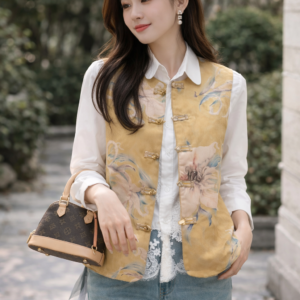Ivory Floral Chinese-Inspired Vest – Elegant Mandarin Collar Quilted Waistcoat