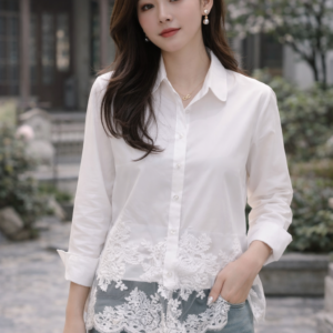 Ivory Lace Mandarin Blouse – Chinese-Inspired Short Sleeve Top | Elegant Spring Embroidered Shirt