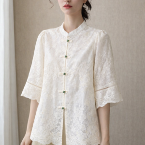 Ivory Lace Mandarin Blouse – Elegant New Chinese Embroidered Top with Jade Buttons
