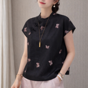 Midnight Butterfly Mandarin Blouse – Modern Chinese Minimalist Silk-Blend Top