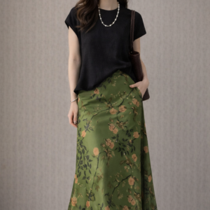 Emerald Bloom Satin Maxi Skirt – Vintage Floral High-Waisted A-Line Skirt