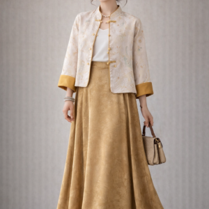 Golden Heritage Jacquard Maxi Skirt – Champagne Brocade High-Waisted A-Line